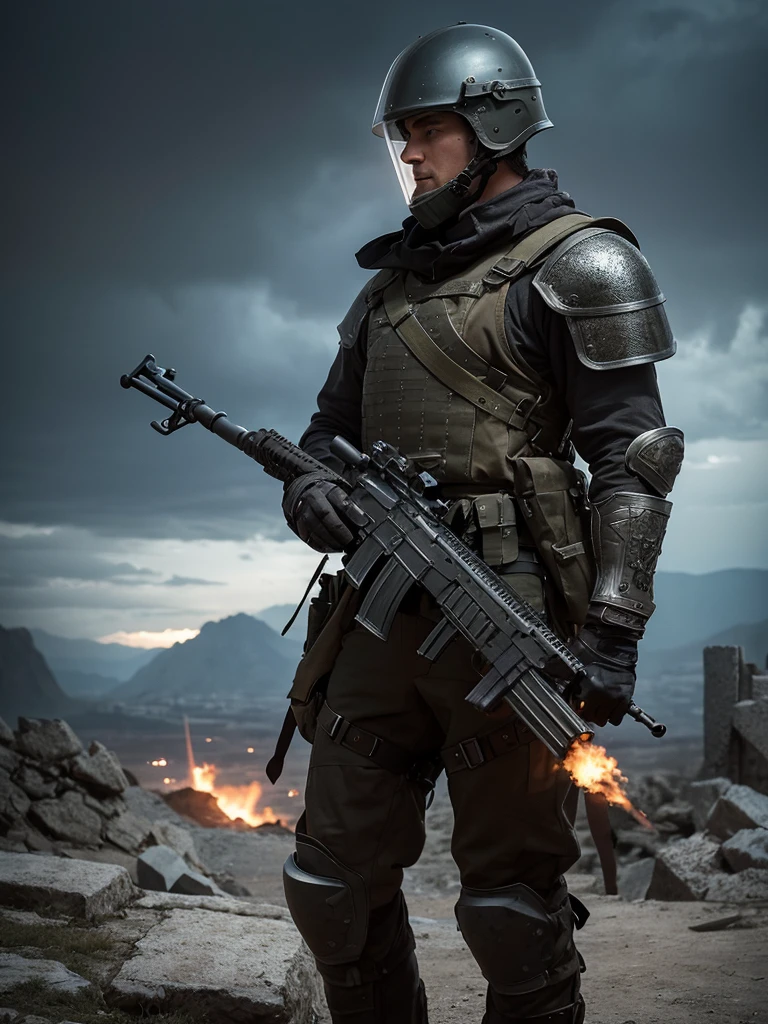 A soldier from a fantasy world with advanced firearms, wearing rugged and functional armor. The armor is a blend of medieval and modern design, with intricate engravings and a dark, metallic finish. The soldier wears a helmet with a visor or mask that completely covers the face, hiding all features from the nose up. Only the mouth and chin are visible. They are holding a futuristic-looking rifle, adorned with glowing runes and high-tech modifications. The background is a war-torn landscape with smoldering ruins and a dramatic, cloudy sky. The overall atmosphere is intense and gritty.
