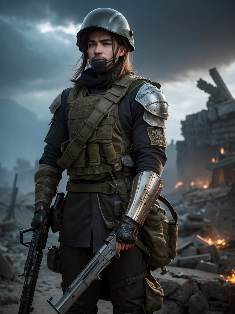 A soldier from a fantasy world with advanced firearms, wearing rugged and functional armor. The armor is a blend of medieval and modern design, with intricate engravings and a dark, metallic finish. The soldier wears a helmet with a visor or mask that completely covers the face, hiding all features from the nose up. Only the mouth and chin are visible. They are holding a futuristic-looking rifle, adorned with glowing runes and high-tech modifications. The background is a war-torn landscape with smoldering ruins and a dramatic, cloudy sky. The overall atmosphere is intense and gritty.