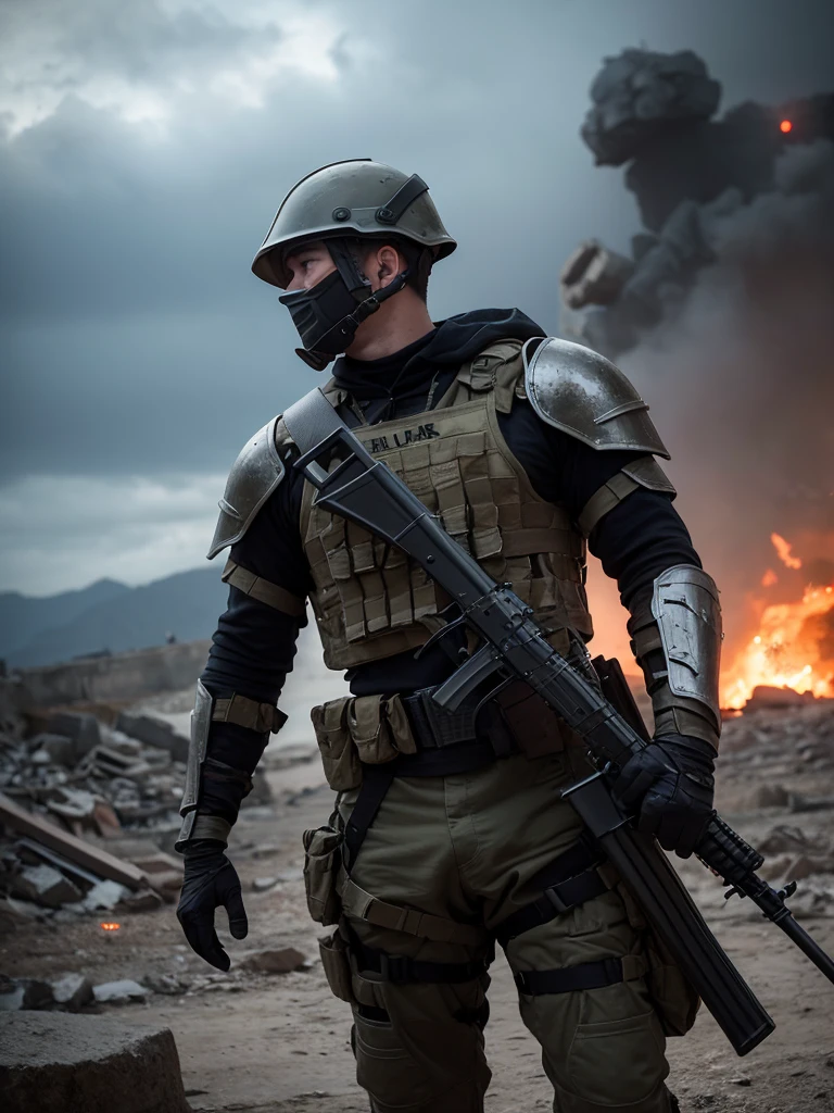 A soldier from a fantasy world with advanced firearms, wearing rugged and functional armor. The armor is a blend of medieval and modern design, with intricate engravings and a dark, metallic finish. The soldier wears a helmet with a visor or mask that completely covers the face, hiding all features from the nose up. Only the mouth and chin are visible. They are holding a futuristic-looking rifle, adorned with glowing runes and high-tech modifications. The background is a war-torn landscape with smoldering ruins and a dramatic, cloudy sky. The overall atmosphere is intense and gritty.