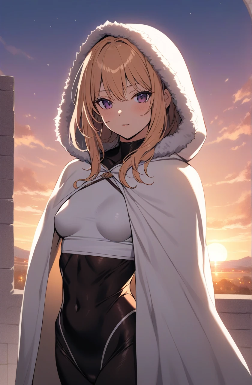 Pretty woman with long strawberry blonde hair, Dark magenta eyes, and lean muscles, small scar on her right cheek, wearing long white cloak that's open with fur on the hood, and black tight fitting clothes underneath, small breast size, sunset in the background, fantasy setting, adult woman