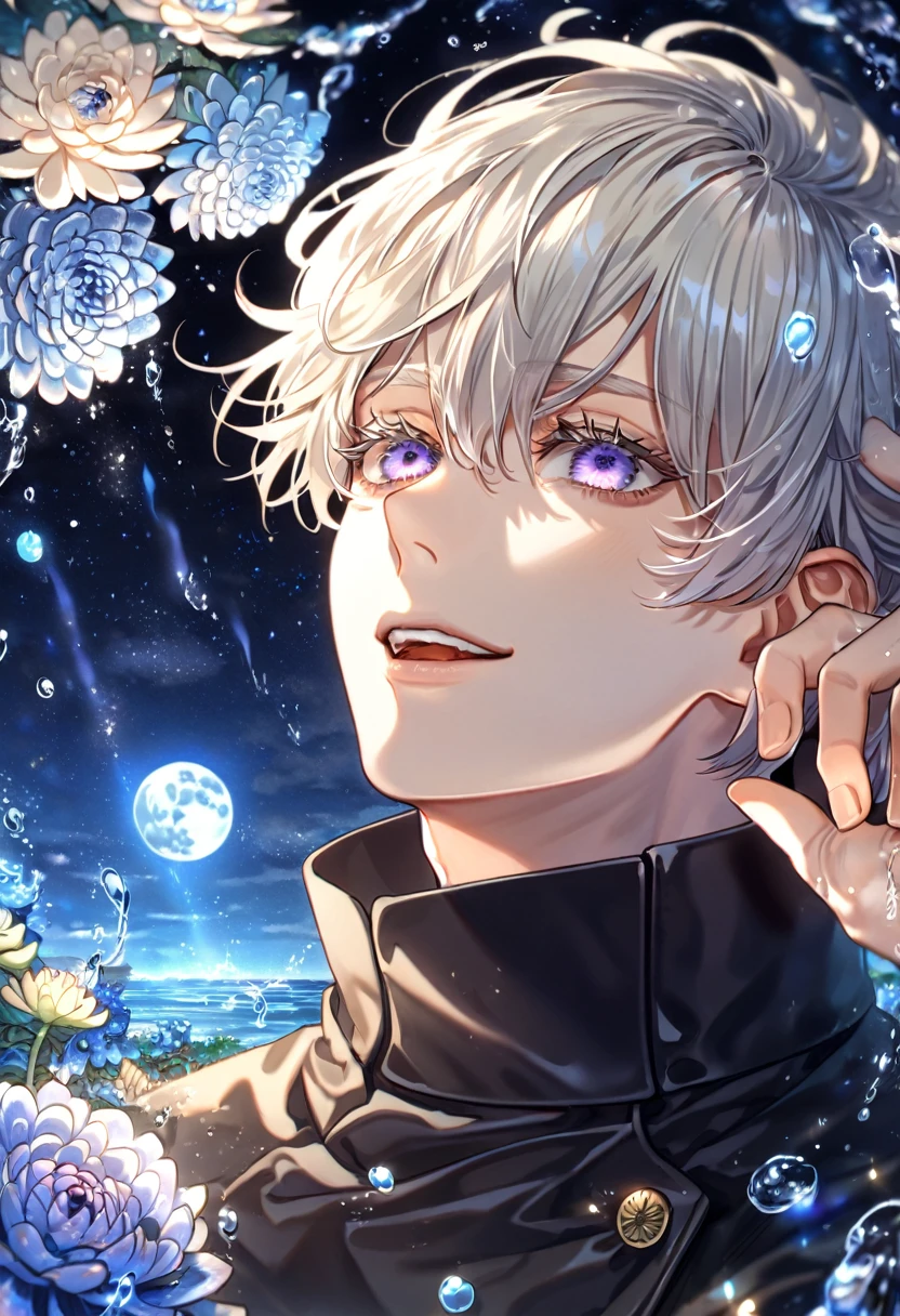 absurdres, highres, ultra detailed, HDR, master piece, best quality, extremely detailed, Inumaki Toge, platinum blonde hair, expressive purple eyes, Jujutsu Kaisen, solo, sexy man, handsome, handsome smile, black uniform, fantasy, water, sparkling, blue glittering fireflies, blue moon, blue blossoms, blue chrysanthemums, blue sparkling lights, starry sky