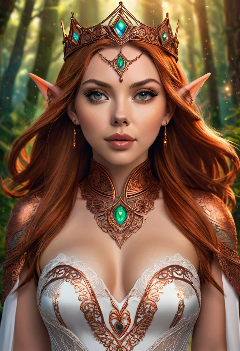 Steampunk inspired elven princess. copper wire necklaces and bangles. Crown of fine copper wire. copper coloured tatoos cover her face and body intricate and beautiful designs. LArge pointed ears that end in curlicues. Hands on hips. Ember colored eyes adorned with intricate copper wireing. a Pure white dress, hemmed with copper, covered in copper lace and filligree. cppper designs cover the skirt in a kaleidoscope of intricate copper designs. Background is magical verdant forrest. Her visage is a mesmerizing blend of Alison-Brie, Scarlett-Johansson, and Sydney Sweeney, creating a unique, symmetrical face that exudes elegance and grace. Copper colores face tattoos. Copper colored are, and chest tatoos. Cozy, romantic lighting. Cheerful smile. Copper hair that shimmers and sparkles in the lights. Hourglass figure. copper lips. copper eye shadow.