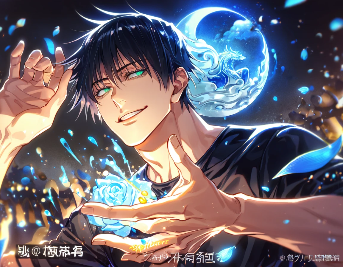 Ultra detailed, HDR, Highres, absurdres, master piece, Fushiguro Touji, black hair, expressive green eyes, Jujutsu Kaisen, handsome, sexy man, solo, black tight shirt, blue water, fantasy, magical, cursed energy, blue aura, blue petals, handsome smile, best quality, blue roses, blue fireflies, shining fireflies, blue moon, 8K