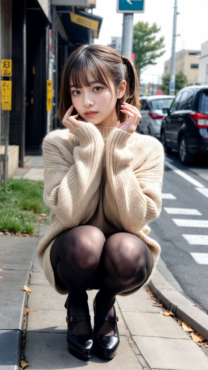 Photo taken by a professional photographer,Close-up of a woman squatting on the sidewalk with her legs crossed, kiko mizuhara, wearing a sweater, Shirahime cut brown hair, wearing a sweater, young and cute girl, japanese model, 白いwearing a sweater, Chiho, ランダムカラーのカジュアルなwearing a sweater,Cute ide waves with short hair, a cute young woman, cute young woman, black hose,black tights,black high heels,