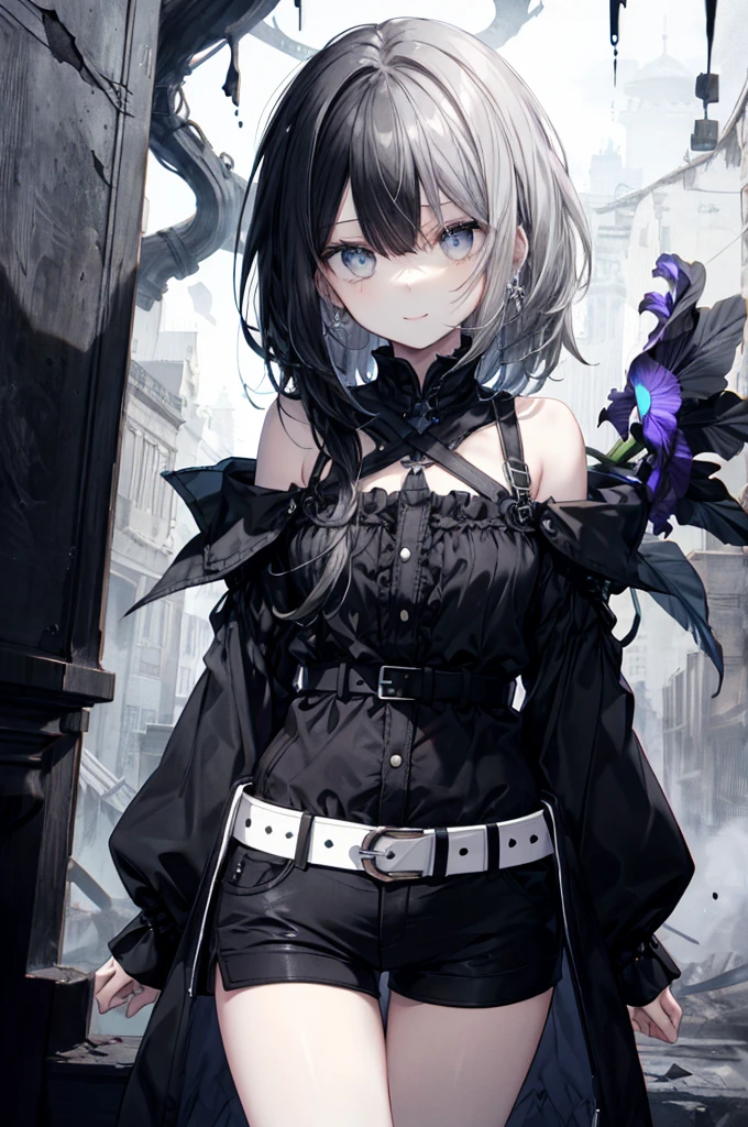 Highest quality、Highest quality、8K、Ultra-high resolution、Highest quality、Very detailedな、Perfect beautiful face、Very detailed、Very delicate、1 girl, ((alone))、(Scared), Gorgios、 dark,Soft Hair、Shoulder-length hair、Medium Hair((Black hair on the left、Gray hair on the right))、((Iris)),Black long sleeve shirt,Black shorts、belt、 Confident, smile, Shut your mouth.、Expressive eyes, Coloful Eyes, Contrast, Shadowy,Digital Art, Shining Eyes, Intimidating, Damaged, Detailed face、Fine grain、Detailed Background、 dark背景, Based on black and white、Black liquid