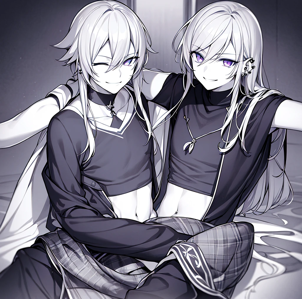 Clothing landmine style, male, piercing, smiling with eyes closed, whole body, monochrome, indigo