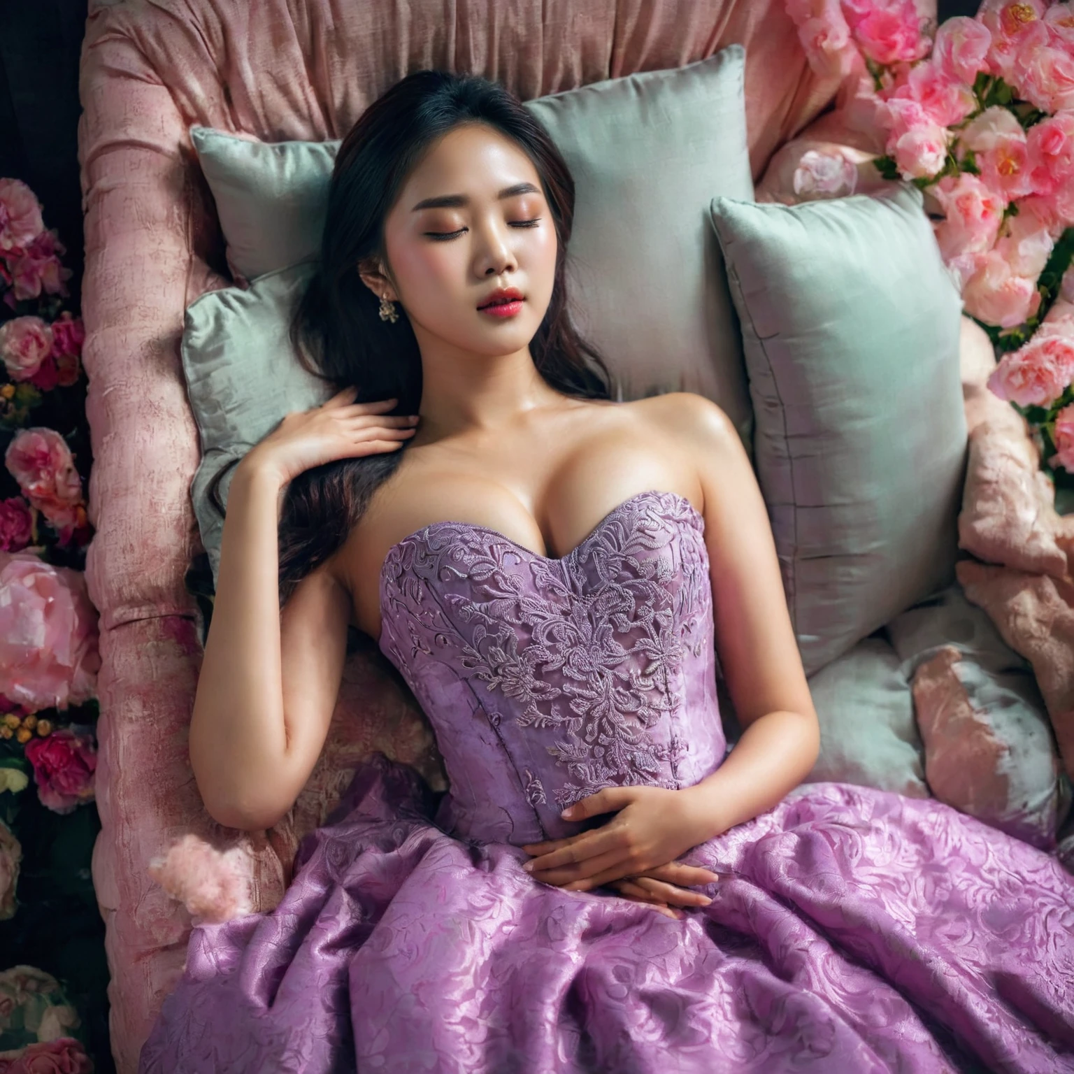 In a striking 8K HDR scene, a stunning Korean woman, 22 years old, lies peacefully in a black coffin surrounded by plush pillows. The deep box is set against a rich black background, accentuating the beauty of the subject. Her exquisite kebaya attire is embroidered with superb detail, showcasing her round and firm ???????, perfect cleavage, and beautiful eyebrows. Her closed eyes and mouth give an air of serenity, while her visible and absolute cleavage leave nothing to imagination. The scene is bathed in saturated colors, highlighting every intricate aspect from the ball skirt to her clean face, straight body, detailed hand perfect hands, straight body.