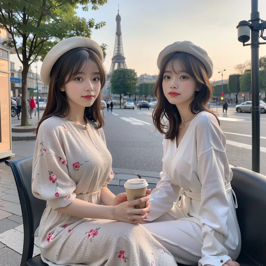 S blonde model is sitting in a stylish outdoor cafe in Paris, holding a cup of coffee. The background displays the iconic Eiffel Tower and a busy street with pedestrians. The soft light of dawn illuminates the scene, creating a charming contrast between shadows and highlights. The model is wearing a vintage dress with floral prints, and an elegant hat that complements your Parisian style. The photographer uses a wide aperture lens to gently blur the background, giving a bokeh effect that highlights the model while maintaining the charming and romantic atmosphere of Paris.