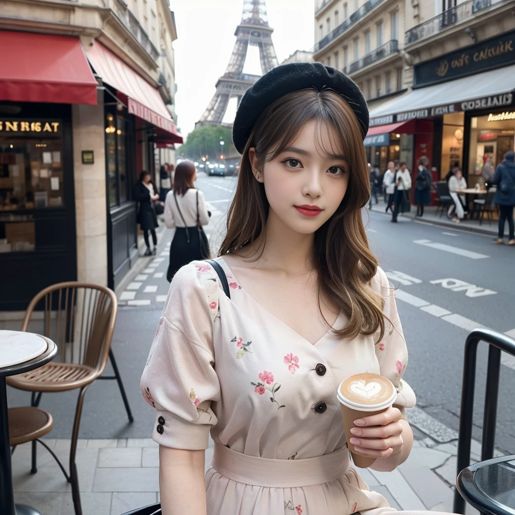 S blonde model is sitting in a stylish outdoor cafe in Paris, holding a cup of coffee. The background displays the iconic Eiffel Tower and a busy street with pedestrians. The soft light of dawn illuminates the scene, creating a charming contrast between shadows and highlights. The model is wearing a vintage dress with floral prints, and an elegant hat that complements your Parisian style. The photographer uses a wide aperture lens to gently blur the background, giving a bokeh effect that highlights the model while maintaining the charming and romantic atmosphere of Paris.