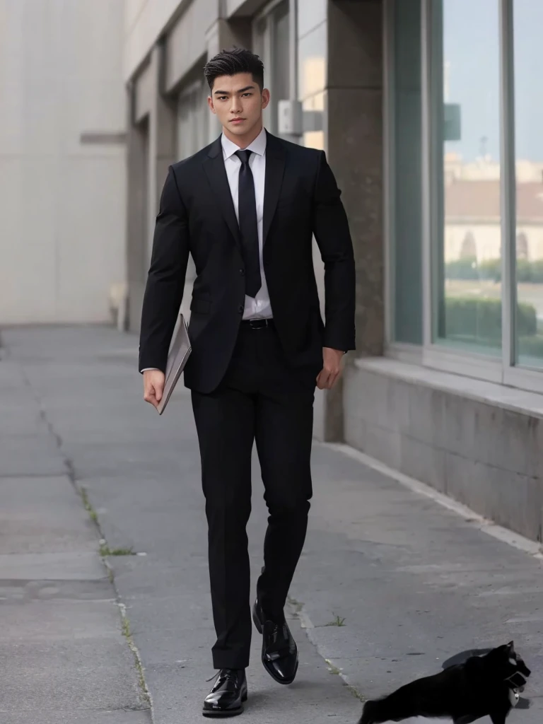 1 man, short cut, black suit, black Oxford shoes, handsome, detailed face, fit, big muscles, best quality, masterpiece 