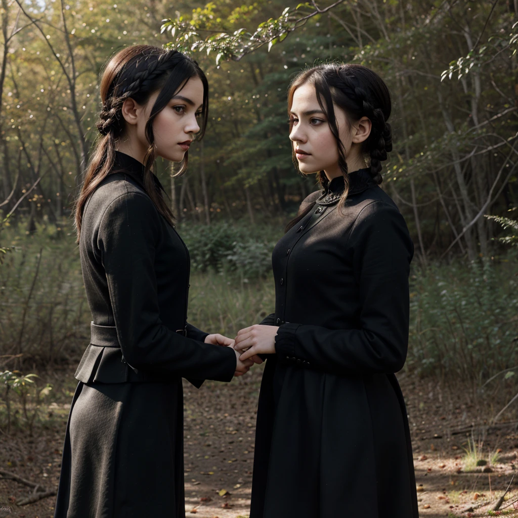 Artwork from the series (wednesday) Wednesday Addams, Wednesday Addams, Wednesday Addams, a woman, with black dress, black braided hair and black eyes, serious look, in a forest in the background