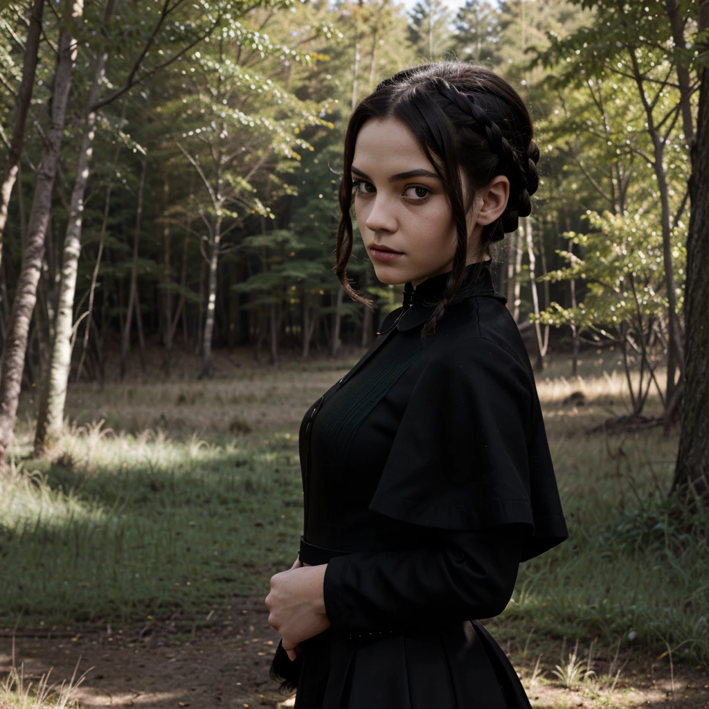 Artwork from the series (wednesday) Wednesday Addams, Wednesday Addams, Wednesday Addams, a woman, with black dress, black braided hair and black eyes, serious look, in a forest in the background