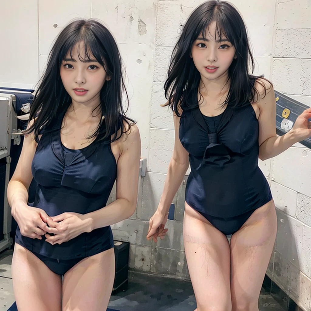 high quality, masterpiece, Very detailed, 8K, Beautiful 27 year old Japanese woman:1.5, Small face, Black Hair, blunt bangs, Breast Augmentation Surgery, (Detailed navy blue school swimsuit:1.5), classroom、　Very detailedな臭い脇の下、　Raise your arms、　remote_play, remote_Vibrate、　(climax:1.5)、　height:170cm