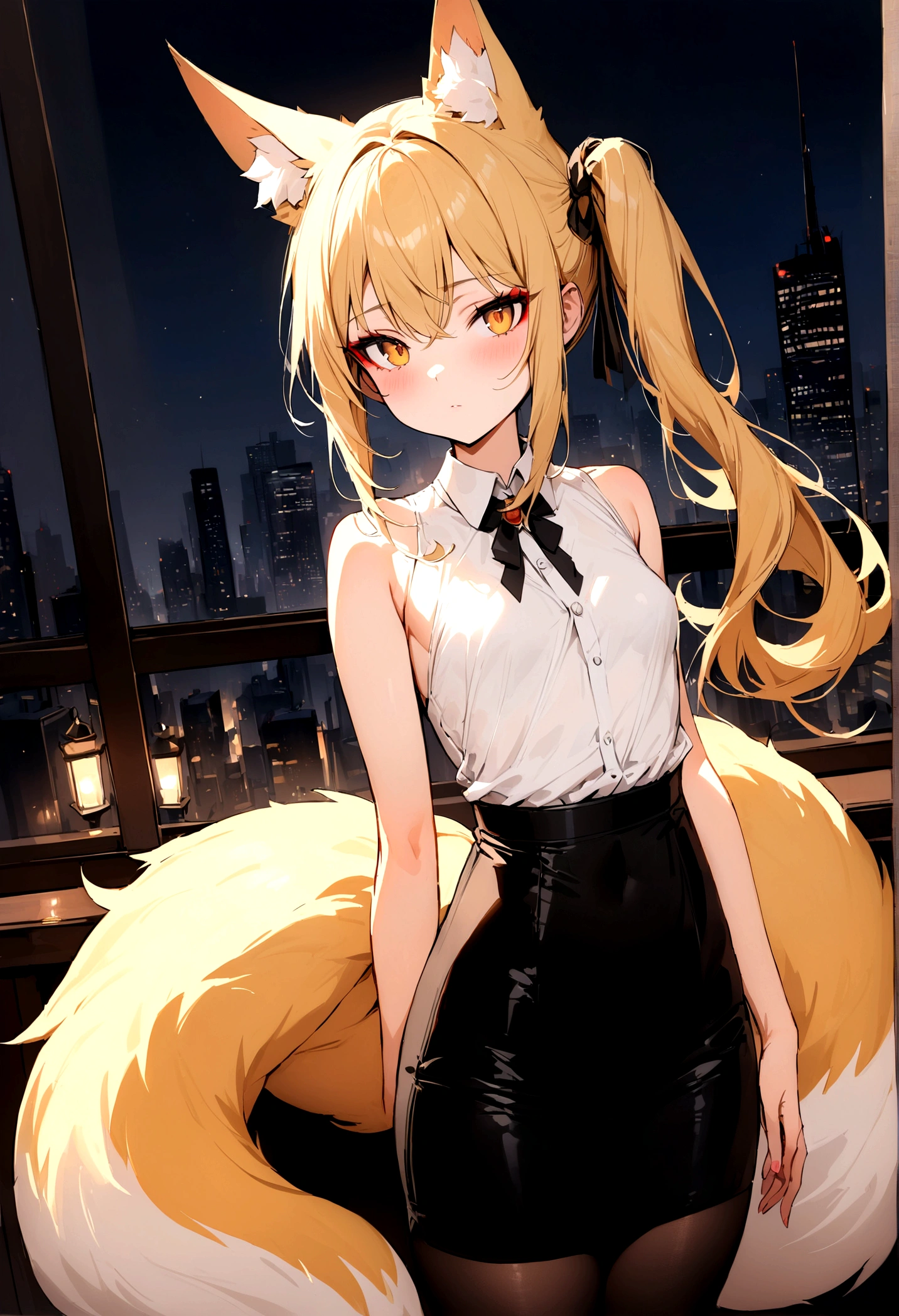 (masterpiece, best quality) junior,detailed, (beautiful,small breasts),Wearing black tights, blonde,long hair, side ponytail, elegant, (fox ears),nine tailed fox tail, red eyeshadow, golden eyes, femur，漏出femur，white shirt, black pencil skirt, city background,girl,NIGHT