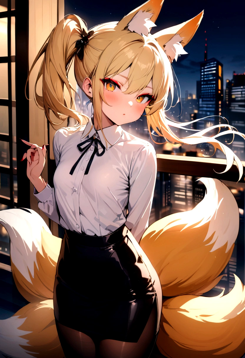 (masterpiece, best quality) junior,detailed, (beautiful,small breasts),Wearing black tights, blonde,long hair, side ponytail, elegant, (fox ears),nine tailed fox tail, red eyeshadow, golden eyes, femur，漏出femur，white shirt, black pencil skirt, city background,girl,NIGHT