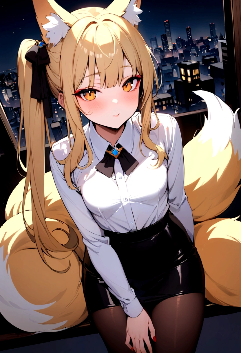 (masterpiece, best quality) junior,detailed, (beautiful,small breasts),Wearing black tights, blonde,long hair, side ponytail, elegant, (fox ears),nine tailed fox tail, red eyeshadow, golden eyes, femur,漏出femur,white shirt, black pencil skirt, city background,girl,NIGHT