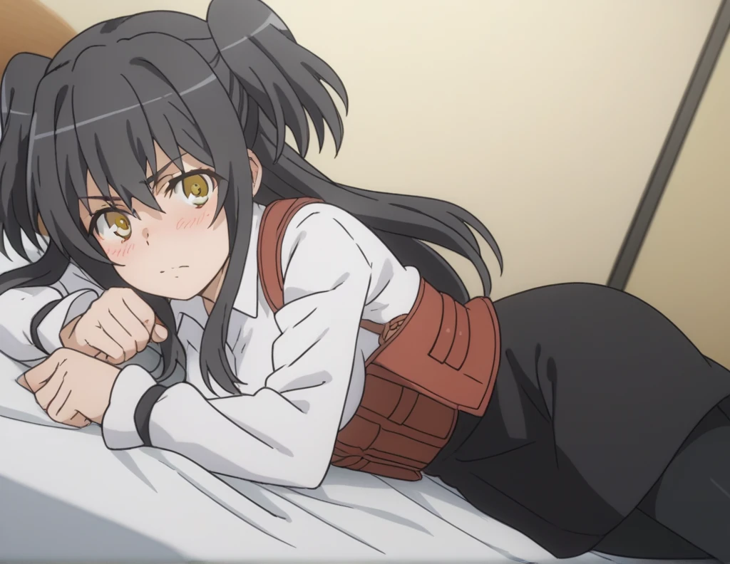 score_9, score_8_up, score_7_up, source_anime,
rakkoyumiya, rakko yumiya, long hair, black hair, two side up, yellow eyes, sidelocks,
skirt, shirt, long sleeves, white shirt, pantyhose, black skirt, black pantyhose, underbust,
indoors, bed, bed room, on side, blush, drunk,
looking at viewer, cowboy shot, dutch angle, solo,