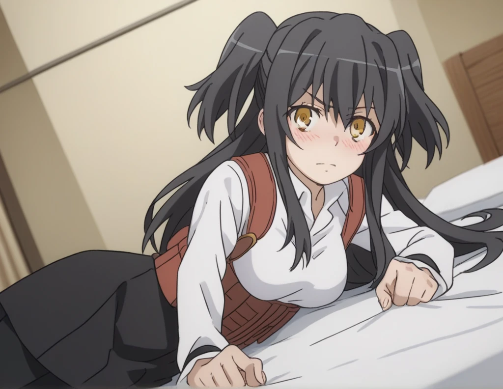 score_9, score_8_up, score_7_up, source_anime,
rakkoyumiya, rakko yumiya, long hair, black hair, two side up, yellow eyes, sidelocks,
skirt, shirt, long sleeves, white shirt, pantyhose, black skirt, black pantyhose, underbust,
indoors, bed, bed room, on side, blush, drunk,
looking at viewer, cowboy shot, dutch angle, solo,