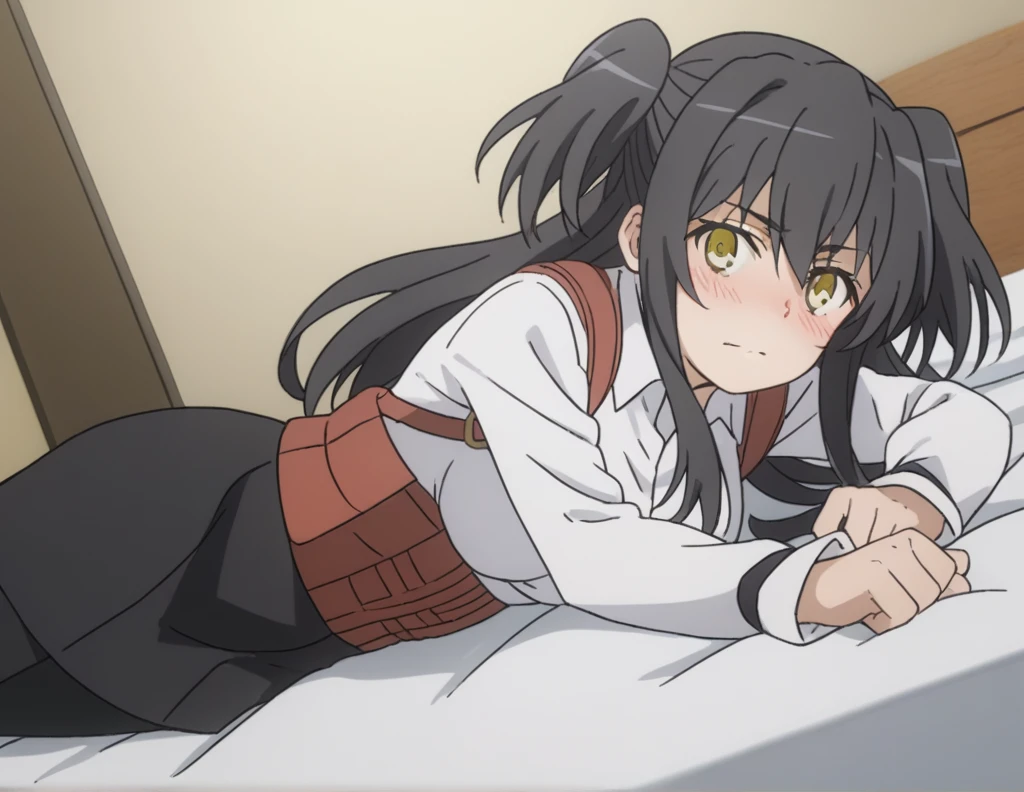 score_9, score_8_up, score_7_up, source_anime,
rakkoyumiya, rakko yumiya, long hair, black hair, two side up, yellow eyes, sidelocks,
skirt, shirt, long sleeves, white shirt, pantyhose, black skirt, black pantyhose, underbust,
indoors, bed, bed room, on side, blush, drunk,
looking at viewer, cowboy shot, dutch angle, solo,