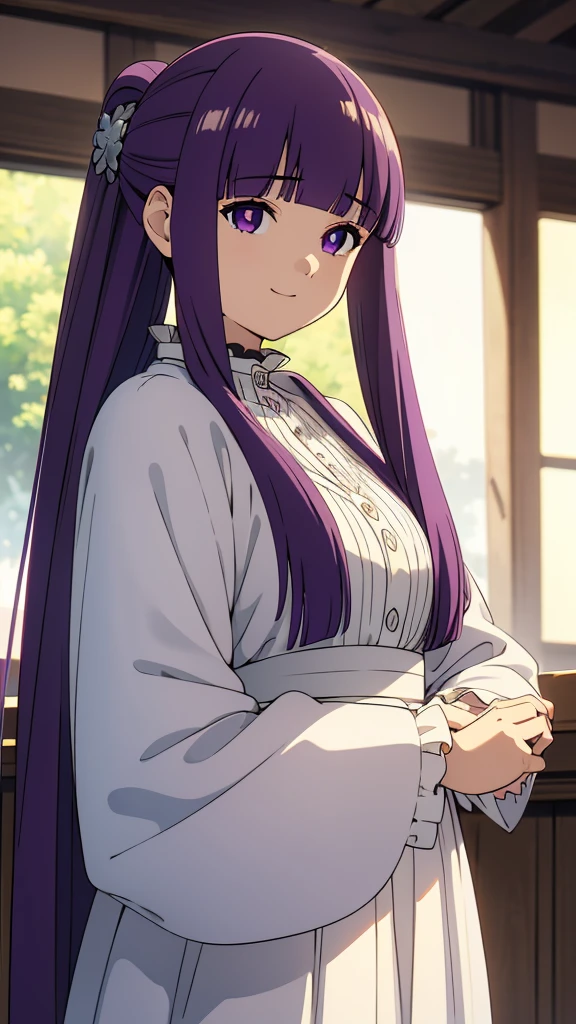 è²ä¼¦,1girl,solo,purple hair,long hair,purple eyes,blunt bangs,sidelocks,half updo,bright pupils, hair ornament,frilled collar,black robe,white dress,center frills,buttons,wide sleeves,long sleeves,curvy,cowboy shot,brown coat,from side,smile,, Exquisite visuals, high-definition,masterpiece,best quality,, 20yo,Young female,Beautiful Finger,Beautiful long legs,Beautiful body,Beautiful Nose,Beautiful character design, perfect eyes, perfect face,expressive eyes, looking at viewer, official art,extremely detailed CG unity 8k wallpaper, perfect lighting,Colorful, Bright_Front_face_Lighting,shiny skin, (masterpiece:1.0),(best_quality:1.0), ultra high res,4K,ultra-detailed, photography, 8K, HDR, highres, absurdres:1.2, Kodak portra 400, film grain, blurry background, bokeh:1.2, lens flare, (vibrant_color:1.2), (beautiful_face:1.5),(narrow_waist), 