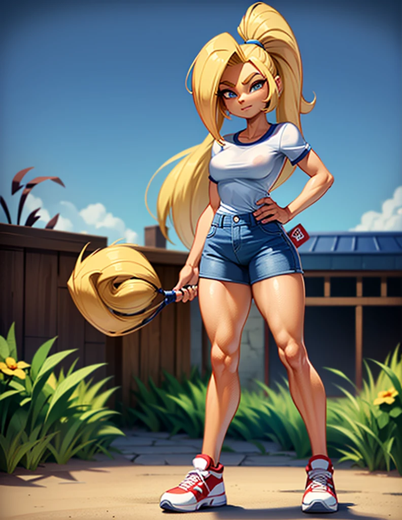 Chica bandicoot, sexy young girl, good body, strong red hair, long ponytail hair, blue eyes, blue jeans, White shirt, white tennis shoes, standing