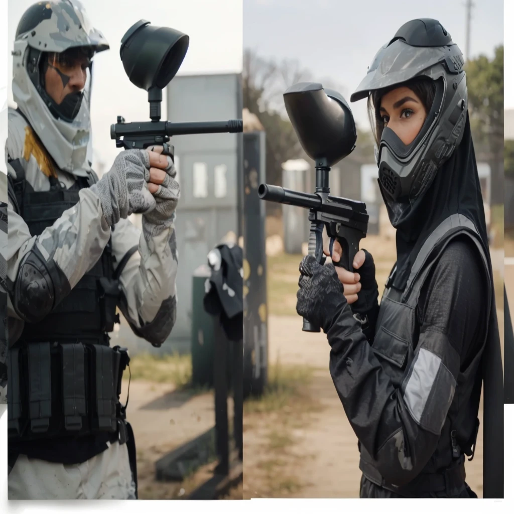 picture from the side, 30 year old man, muscular, wearing a helmet, wearing a gray long-sleeved paintball uniform, wearing a gray vest, the man is holding up a paintball marker towards the enemy in front of him, namely a woman wearing a hijab, wearing a helmet black, wearing a black paintball uniform, wearing a black vest, very epic scene where the two of them point paintball markers at each other in a match, background of the paintball field during the day, cinematic, realistic, detailed face, 4k, very detailed, intricate design