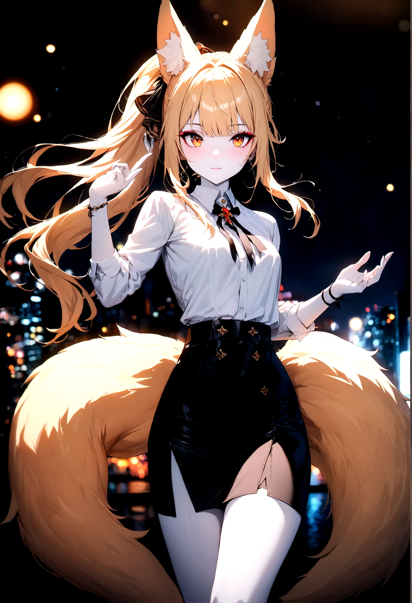 junior,beautiful Finger,beautiful 긴 legs,beautiful body,beautiful Nose,beautiful character design, perfect eye, perfect face,expressive eye,perfect balance, looking at viewer,(Focus on her face),closed mouth, (chaste_big_eye:1.0),(light_laugh:0.3), official art,very detailed CG Unity 8k 벽지, perfect lighting,fancy, bright_front_face_lighting,White skin, (masterpiece:1.0),(best_quality:1.0), ultra high resolution,4K,very detailed, photography, 8 thousand, HDR, mackerel, absurd:1.2, Kodak Portrait 400, film grain, blurred background, bokeh:1.2, lens flare, (vibrant_color:1.2),professional photography, (beautiful,small breasts), (beautiful_face:1.5),(small_waist),black stockings, blonde ,long hair, ponytail, elegant, (fox ears),nine tailed fox tail, red eyeshadow, 금색 eye동자, femur,漏出femur,white shirt, black pencil skirt, city background,night
