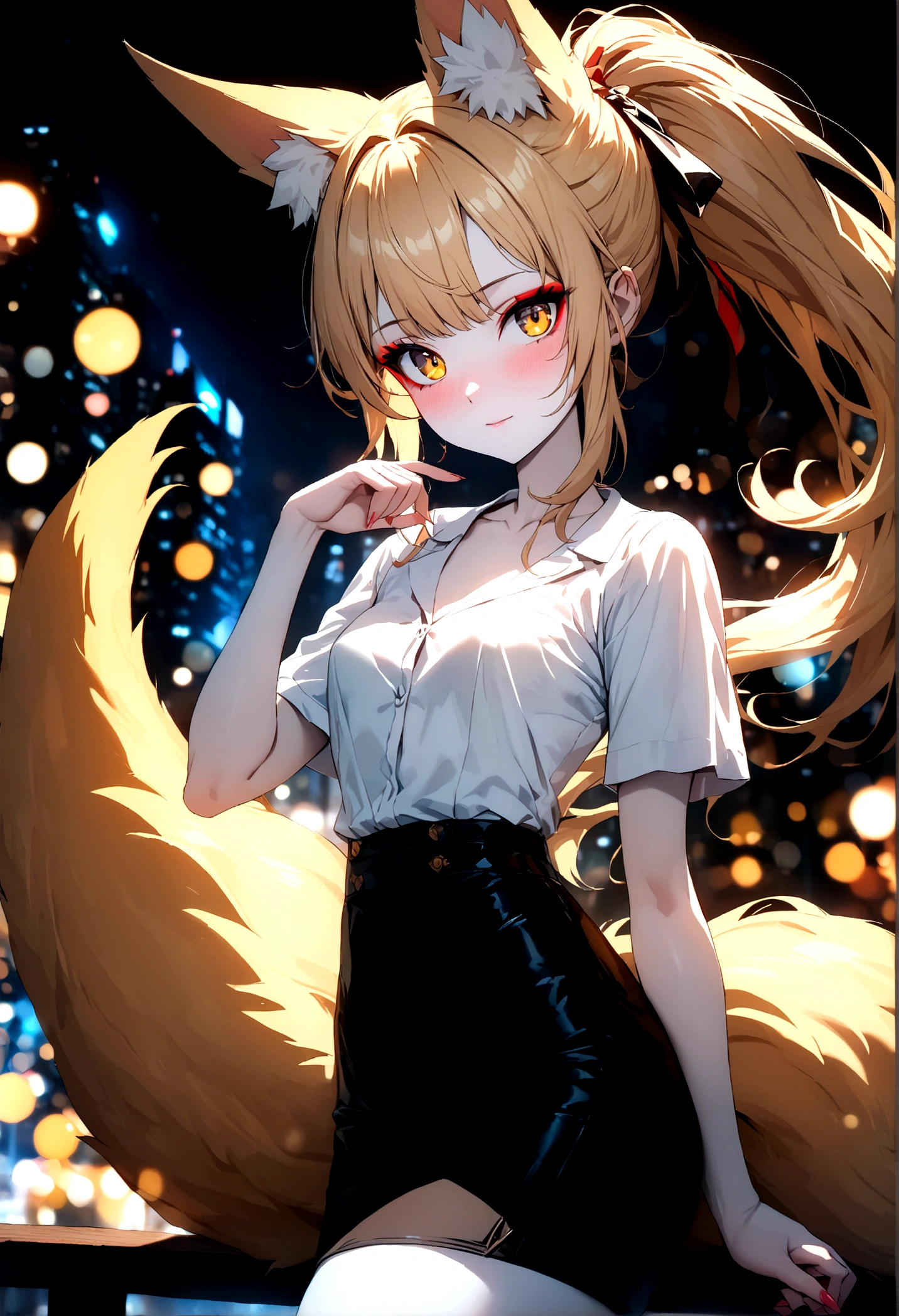 junior,beautiful Finger,beautiful 긴 legs,beautiful body,beautiful Nose,beautiful character design, perfect eye, perfect face,expressive eye,perfect balance, looking at viewer,(Focus on her face),closed mouth, (chaste_big_eye:1.0),(light_laugh:0.3), official art,very detailed CG Unity 8k 벽지, perfect lighting,fancy, bright_front_face_lighting,White skin, (masterpiece:1.0),(best_quality:1.0), ultra high resolution,4K,very detailed, photography, 8 thousand, HDR, mackerel, absurd:1.2, Kodak Portrait 400, film grain, blurred background, bokeh:1.2, lens flare, (vibrant_color:1.2),professional photography, (beautiful,small breasts), (beautiful_face:1.5),(small_waist),black stockings, blonde ,long hair, ponytail, elegant, (fox ears),nine tailed fox tail, red eyeshadow, 금색 eye동자, femur，漏出femur，white shirt, black pencil skirt, city background,night