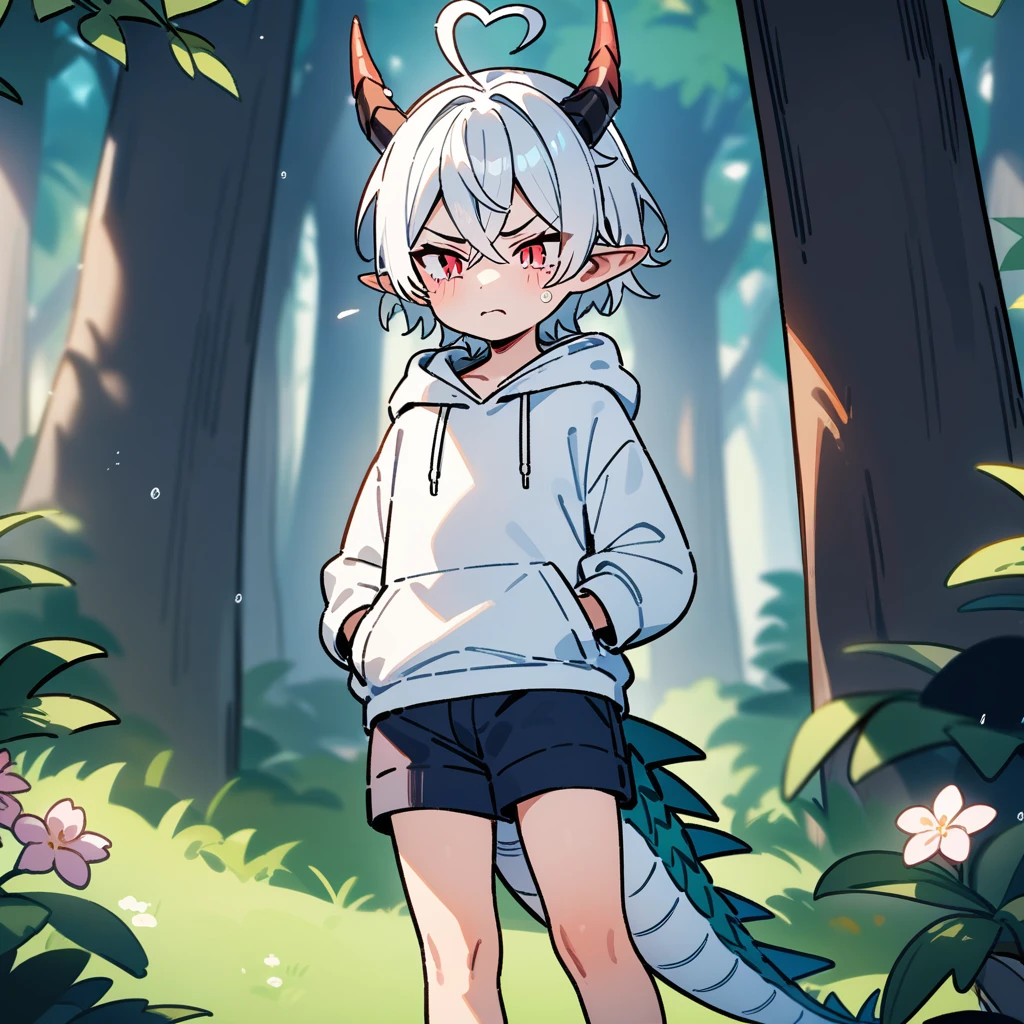 (masterpiece:1.2,high quality),8K,High resolution,A seven-year-old boy,cute boy,white hair,short hair,crossed bangs,red eyes,slit pupils,heart ahoge,Dragon Horn,Pointed ears,angry,tears,Wearing a white hoodie,Dark blue shorts,Stand in the forest,There are flowering trees on both sides.,primary school student,thigh,alone,dragon tail,(Put your hands in your pockets),((Put your hands in your pockets))