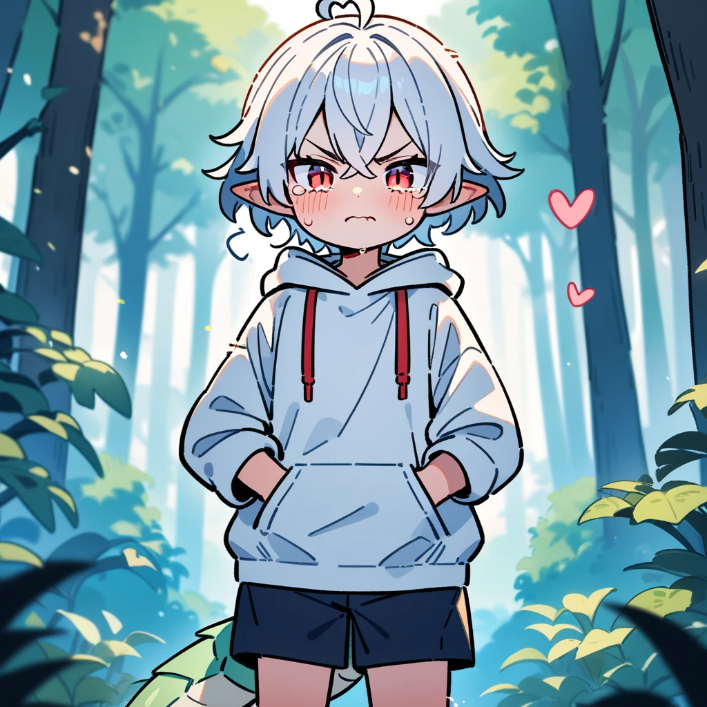 (masterpiece:1.2,high quality),8K,High resolution,A seven-year-old boy,cute boy,white hair,short hair,crossed bangs,red eyes,slit pupils,heart ahoge,Dragon Horn,Pointed ears,angry,tears,Wearing a white hoodie,Dark blue shorts,Stand in the forest,There are flowering trees on both sides.,primary school student,thigh,alone,dragon tail,(Put your hands in your pockets),((Put your hands in your pockets))