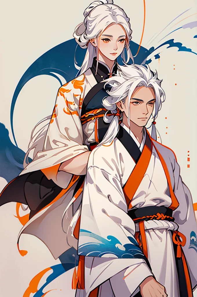 high quality , one white hair girl and one white hair boy, long hair, wuxia character, ((white clothes with blue and orange accent)), ink painting background, flat background, minimalist background, chinese wind pattern background, smiling