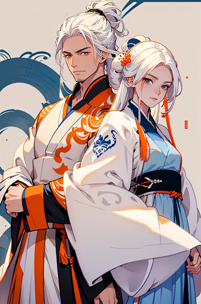 high quality , one white hair girl and one white hair boy, long hair, wuxia character, ((white clothes with blue and orange accent)), ink painting background, flat background, minimalist background, chinese wind pattern background, smiling