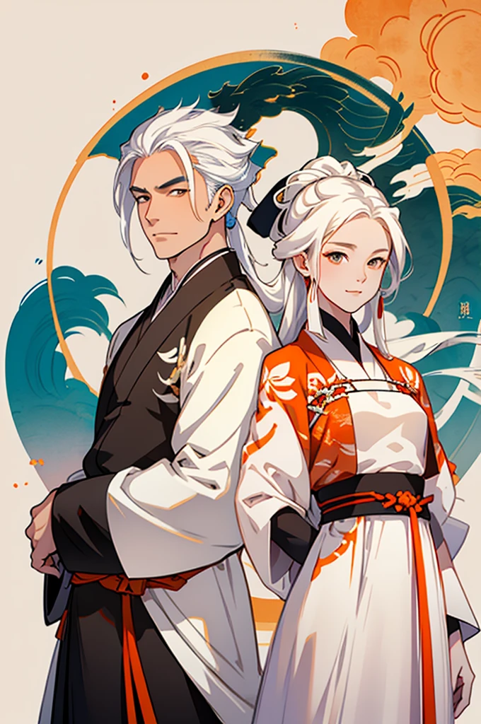 high quality , one white hair girl and one white hair boy, long hair, wuxia character, ((white clothes with blue and orange accent)), ink painting background, flat background, minimalist background, chinese wind pattern background, smiling