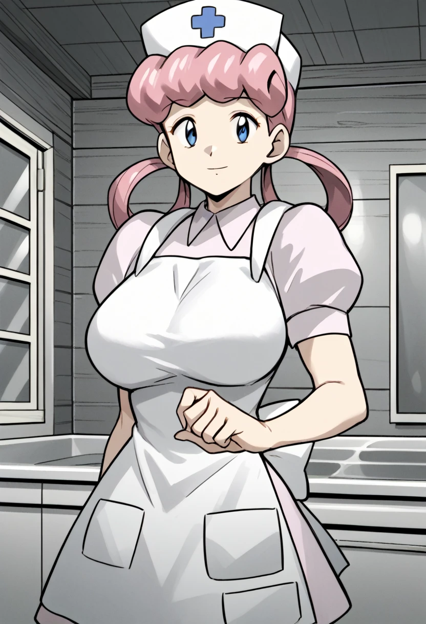 nanao yukiji style, greyscale, mange, 1girl, solo, eppknursejoy, pink hair,  blue eyes, long hair, large breasts, hair rings, bumper bangs, looking at viewer, hat, dress, closed mouth, short sleeves, puffy sleeves, apron, puffy short sleeves, nurse cap, nurse, indoors, smile, infirmary,