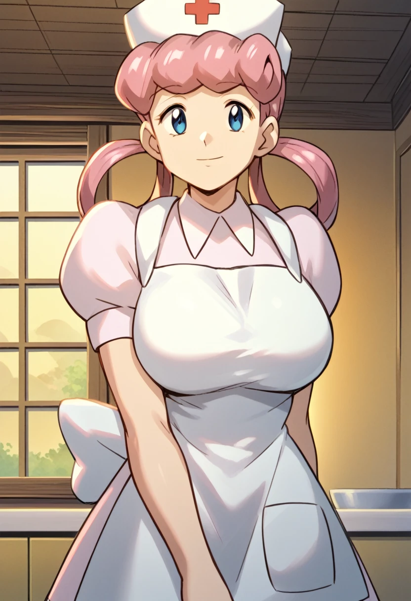 nanao yukiji style, greyscale, mange, 1girl, solo, eppknursejoy, pink hair,  blue eyes, long hair, large breasts, hair rings, bumper bangs, looking at viewer, hat, dress, closed mouth, short sleeves, puffy sleeves, apron, puffy short sleeves, nurse cap, nurse, indoors, smile, infirmary,