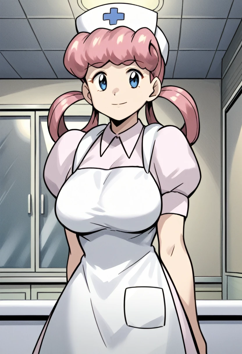 nanao yukiji style, greyscale, mange, 1girl, solo, eppknursejoy, pink hair,  blue eyes, long hair, large breasts, hair rings, bumper bangs, looking at viewer, hat, dress, closed mouth, short sleeves, puffy sleeves, apron, puffy short sleeves, nurse cap, nurse, indoors, smile, infirmary,