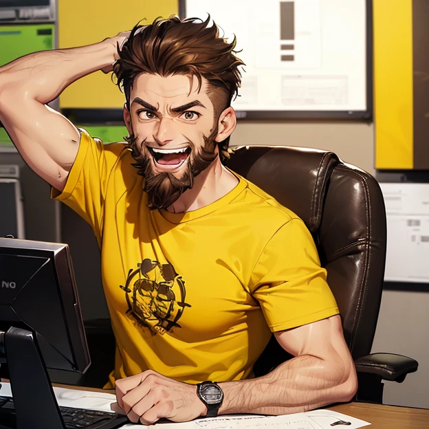(master piece, best high quality image, very good detailed image, very good detailed character, very good detailed background, very detailed textures, carefully detailed and textures, character alone)
{{((1:character: 34 years old male terapist, (half-fair skin, brown eyes, shaven brown hair, chin brown beard, insane face, sadistic demeanor, crazy laughter, arms crossed), (yellow t-shirt), (terapist office))}}
