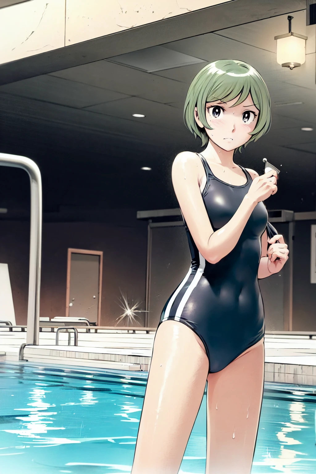 Blue school swimsuit、(masterpiece、Highest quality)、Highest quality, Ultra-high resolution, (((masterpiece))), alone, Sweat、Big eyes, Composition from the front、Shortcuts、Embarrassed face、blonde、Cut your hair short、School swimming pool、short hair、Pussy Line、Browsing Caution、Butt