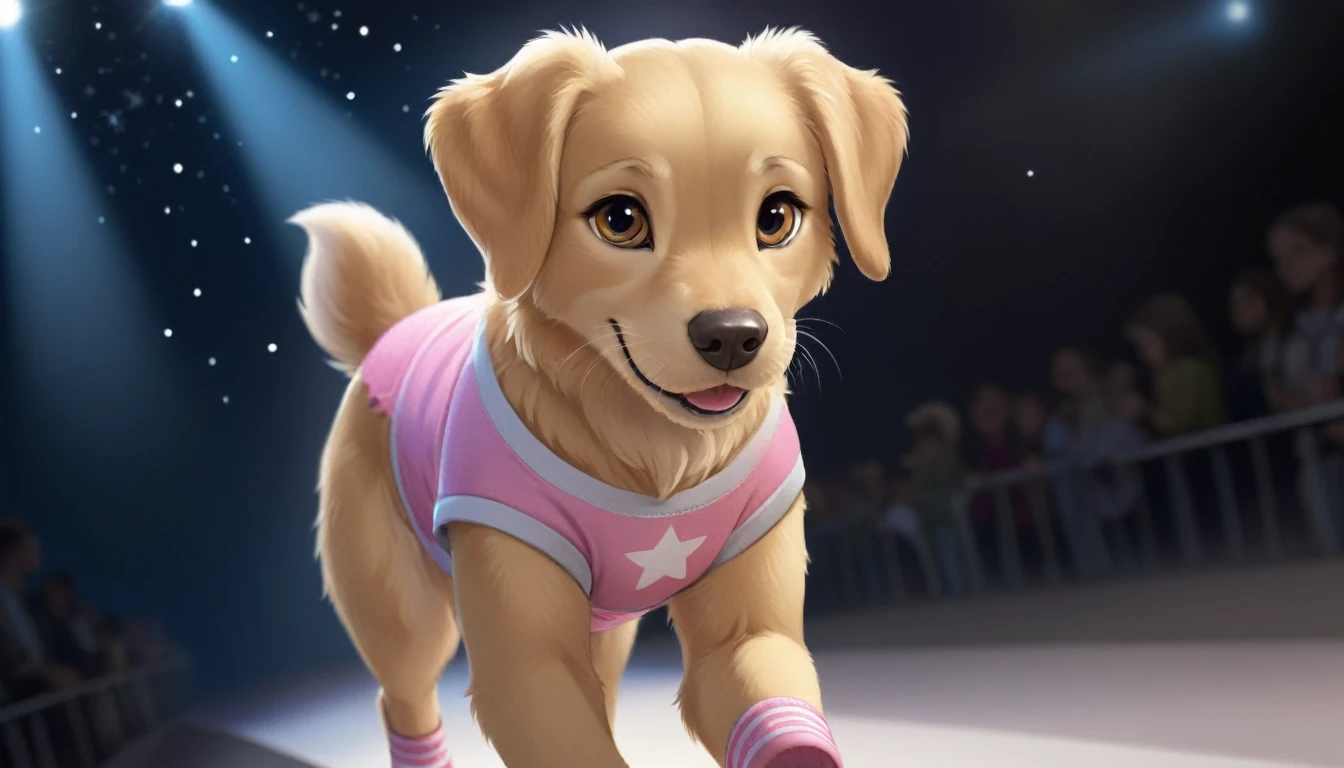 A golden retriever，very cute，pretty，Wearing dog clothes，It walks on the catwalk，Like a star，Medium shot，Real photography。