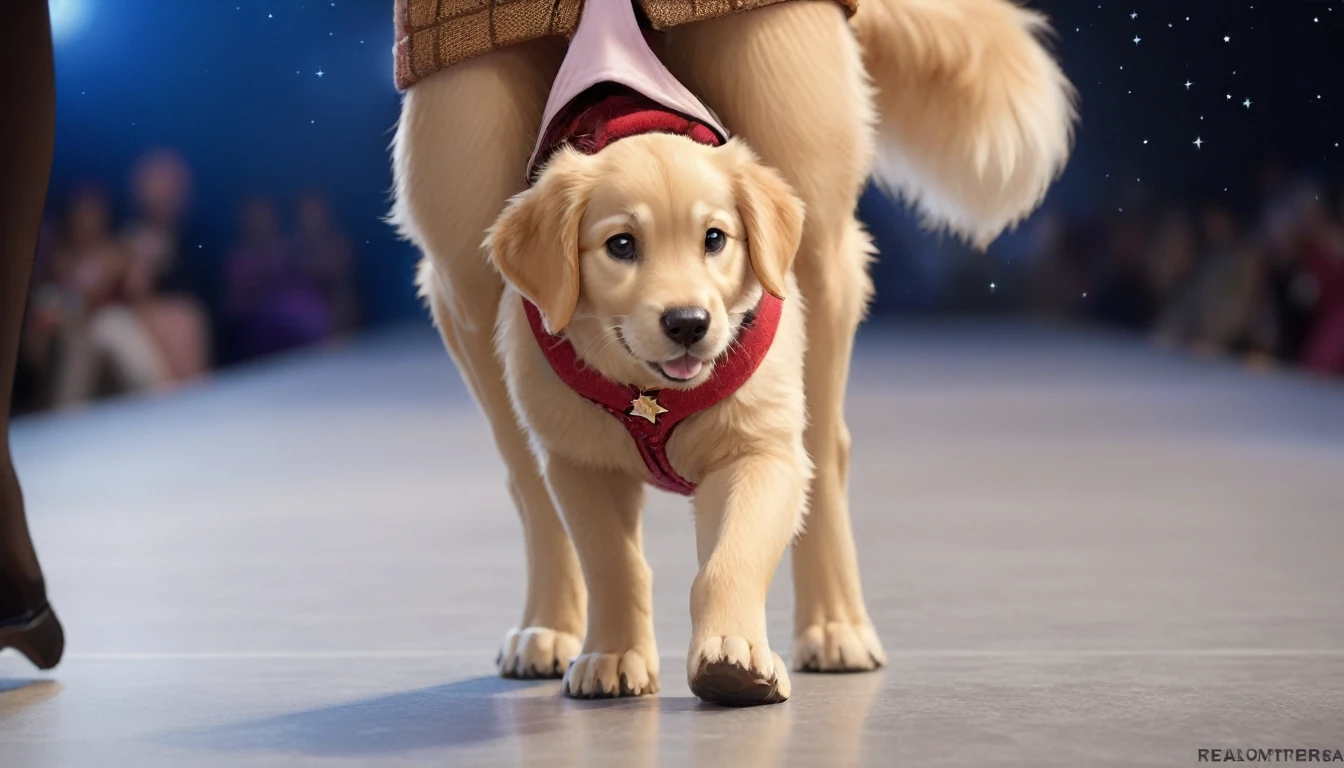 A golden retriever，very cute，pretty，Wearing dog clothes，It walks on the catwalk，Like a star，Medium shot，Real photography。