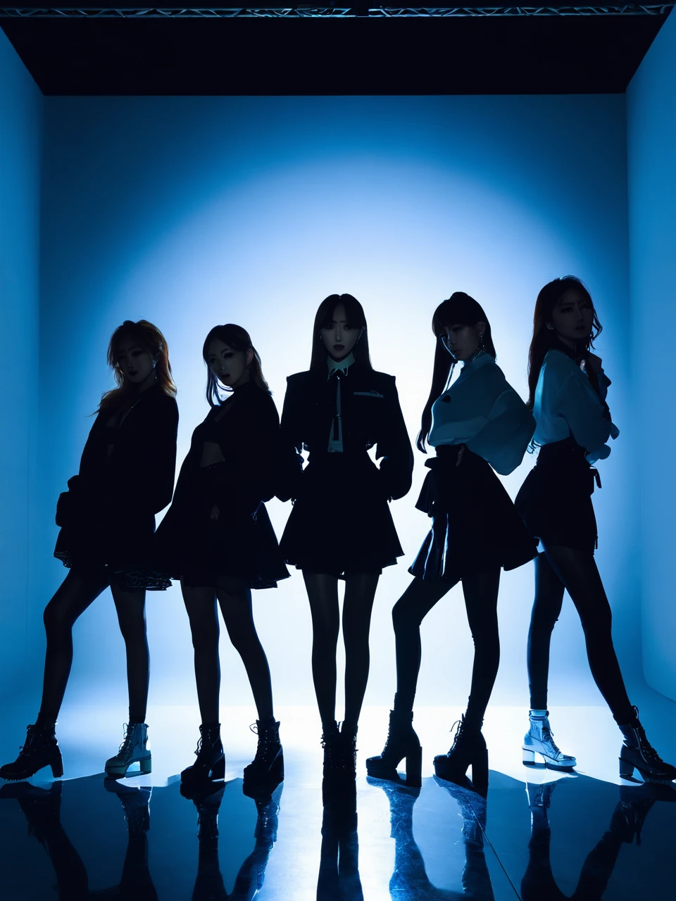 薄dark部屋に佇むFive women, unlimited, Generic KPOP, silhouette, , unlimited, Backlight, dark、Spotlight、A long shadow stretching forward、Five women、audition