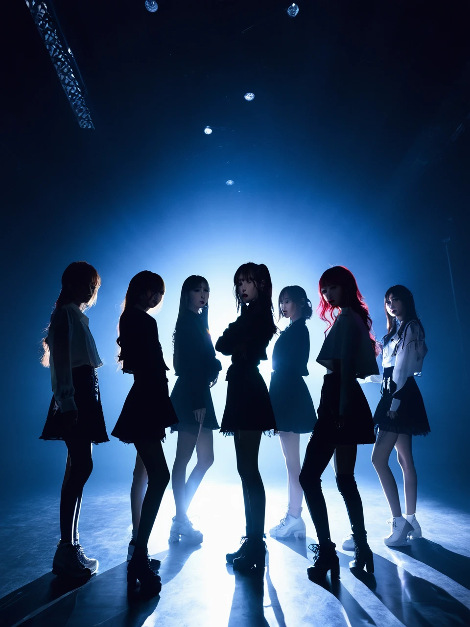 薄dark部屋に佇むFive women, unlimited, Generic KPOP, silhouette, , unlimited, Backlight, dark、Spotlight、A long shadow stretching forward、Five women、audition
