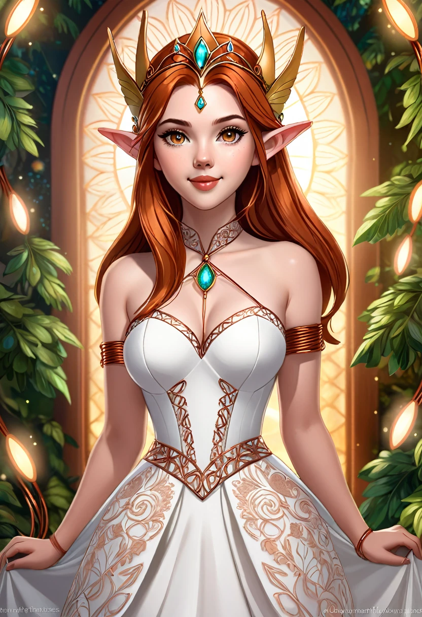 Steampunk inspired elven princess. copper wire necklaces and bangles. Crown of fine copper wire. copper coloured tatoos cover her face and body intricate and beautiful designs. LArge pointed ears that end in curlicues. Hands on hips. Ember colored eyes adorned with intricate copper wireing. a Pure white dress, hemmed with copper, covered in copper lace and filligree. cppper designs cover the skirt in a kaleidoscope of intricate copper designs. Background is magical verdant forrest. Her visage is a mesmerizing blend of Alison-Brie, Scarlett-Johansson, and Sydney Sweeney, creating a unique, symmetrical face that exudes elegance and grace. Copper colores face tattoos. Copper colored are, and chest tatoos. Cozy, romantic lighting. Cheerful smile. Copper hair that shimmers and sparkles in the lights. Hourglass figure. copper lips. copper eye shadow.