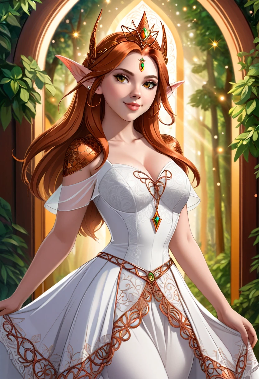 Steampunk inspired elven princess. copper wire necklaces and bangles. Crown of fine copper wire. copper coloured tatoos cover her face and body intricate and beautiful designs. LArge pointed ears that end in curlicues. Hands on hips. Ember colored eyes adorned with intricate copper wireing. a Pure white dress, hemmed with copper, covered in copper lace and filligree. cppper designs cover the skirt in a kaleidoscope of intricate copper designs. Background is magical verdant forrest. Her visage is a mesmerizing blend of Alison-Brie, Scarlett-Johansson, and Sydney Sweeney, creating a unique, symmetrical face that exudes elegance and grace. Copper colores face tattoos. Copper colored are, and chest tatoos. Cozy, romantic lighting. Cheerful smile. Copper hair that shimmers and sparkles in the lights. Hourglass figure. copper lips. copper eye shadow.