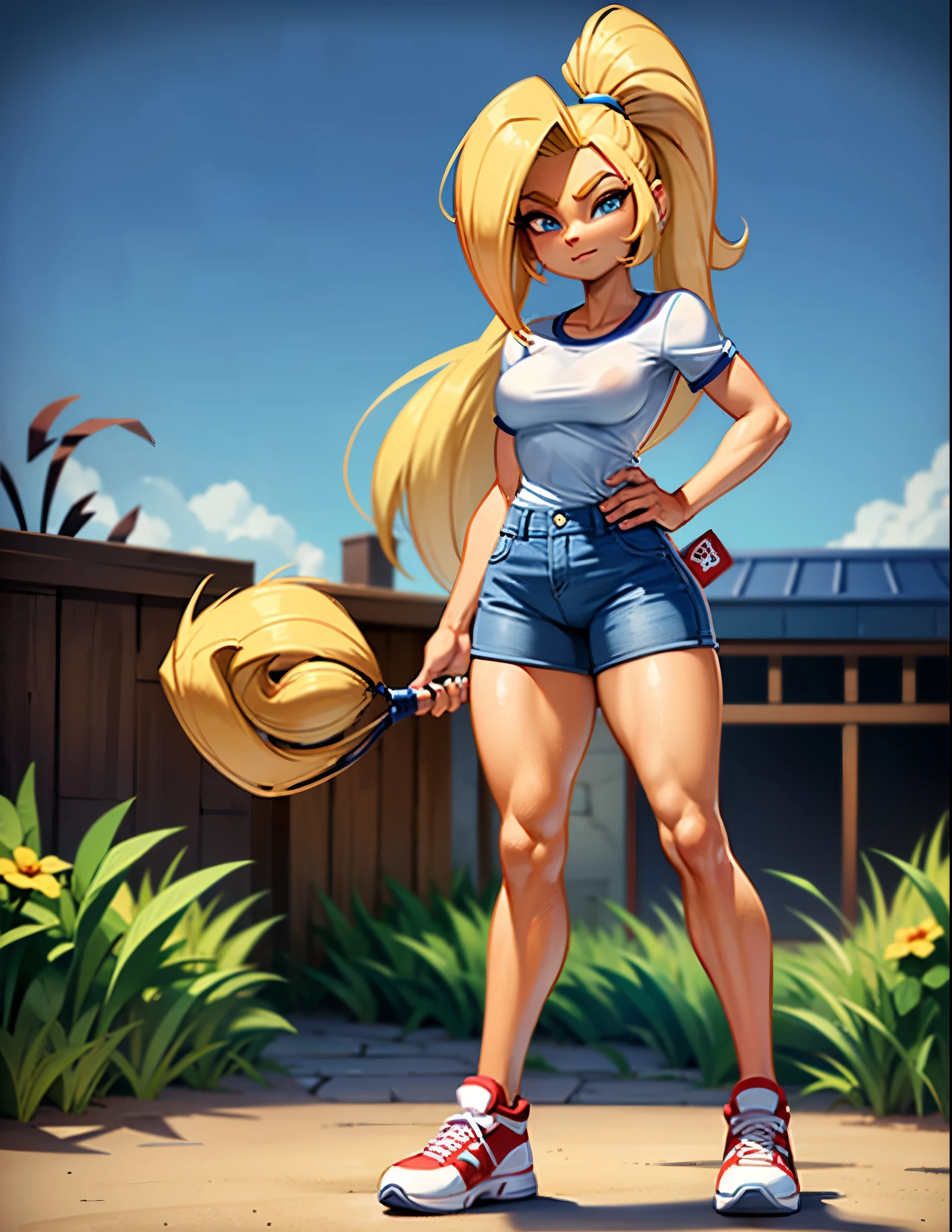 Chica bandicoot, sexy young girl, good body, strong red hair, long ponytail hair, blue eyes, blue jeans, White shirt, white tennis shoes, standing