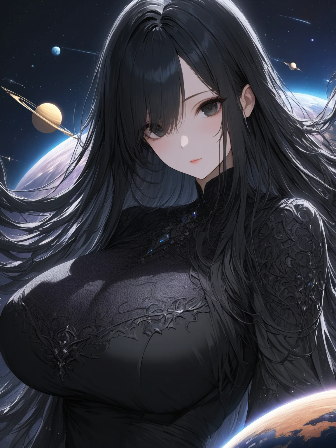 A masterpiece, very detailed, ultra detailed, one, (1 woman), a woman in a closed black dress with cosmic details, with black eyes, long black straight hair and a parting on the side, with huge breasts (big), around her small planets and galaxies, she is against the background of space
