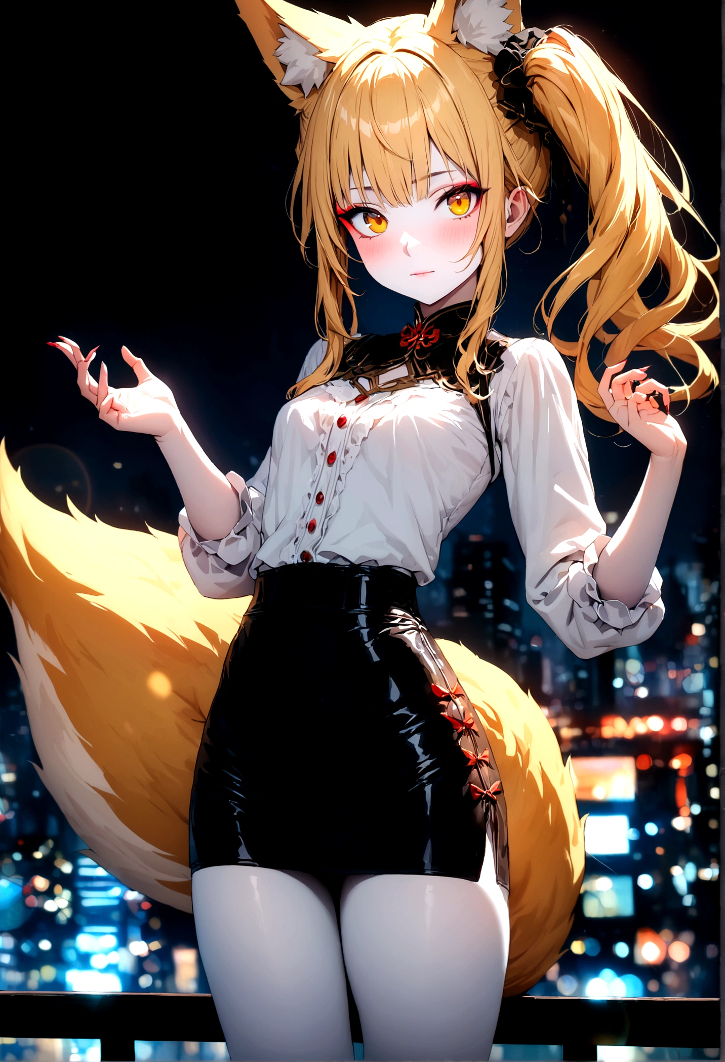 junior,beautiful Finger,beautiful 긴 legs,beautiful body,beautiful Nose,beautiful character design, perfect eye, perfect face,expressive eye,perfect balance, looking at viewer,(Focus on her face),closed mouth, (chaste_big_eye:1.0),(light_laugh:0.3), official art,very detailed CG Unity 8k 벽지, perfect lighting,fancy, bright_front_face_lighting,White skin, (masterpiece:1.0),(best_quality:1.0), ultra high resolution,4K,very detailed, photography, 8 thousand, HDR, mackerel, absurd:1.2, Kodak Portrait 400, film grain, blurred background, bokeh:1.2, lens flare, (vibrant_color:1.2),professional photography, (beautiful,small breasts), (beautiful_face:1.5),(small_waist),black stockings, blonde ,long hair, side ponytail(right), elegant, (fox ears),nine tailed fox tail, red eyeshadow, 금색 eye동자, femur，漏出femur，white shirt, black pencil skirt, city background,night