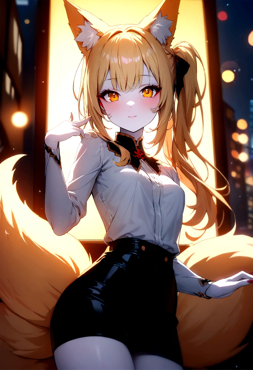 junior,beautiful Finger,beautiful 긴 legs,beautiful body,beautiful Nose,beautiful character design, perfect eye, perfect face,expressive eye,perfect balance, looking at viewer,(Focus on her face),closed mouth, (chaste_big_eye:1.0),(light_laugh:0.3), official art,very detailed CG Unity 8k 벽지, perfect lighting,fancy, bright_front_face_lighting,White skin, (masterpiece:1.0),(best_quality:1.0), ultra high resolution,4K,very detailed, photography, 8 thousand, HDR, mackerel, absurd:1.2, Kodak Portrait 400, film grain, blurred background, bokeh:1.2, lens flare, (vibrant_color:1.2),professional photography, (beautiful,small breasts), (beautiful_face:1.5),(small_waist),black stockings, blonde ,long hair, side ponytail(right), elegant, (fox ears),nine tailed fox tail, red eyeshadow, 금색 eye동자, femur,漏出femur,white shirt, black pencil skirt, city background,night