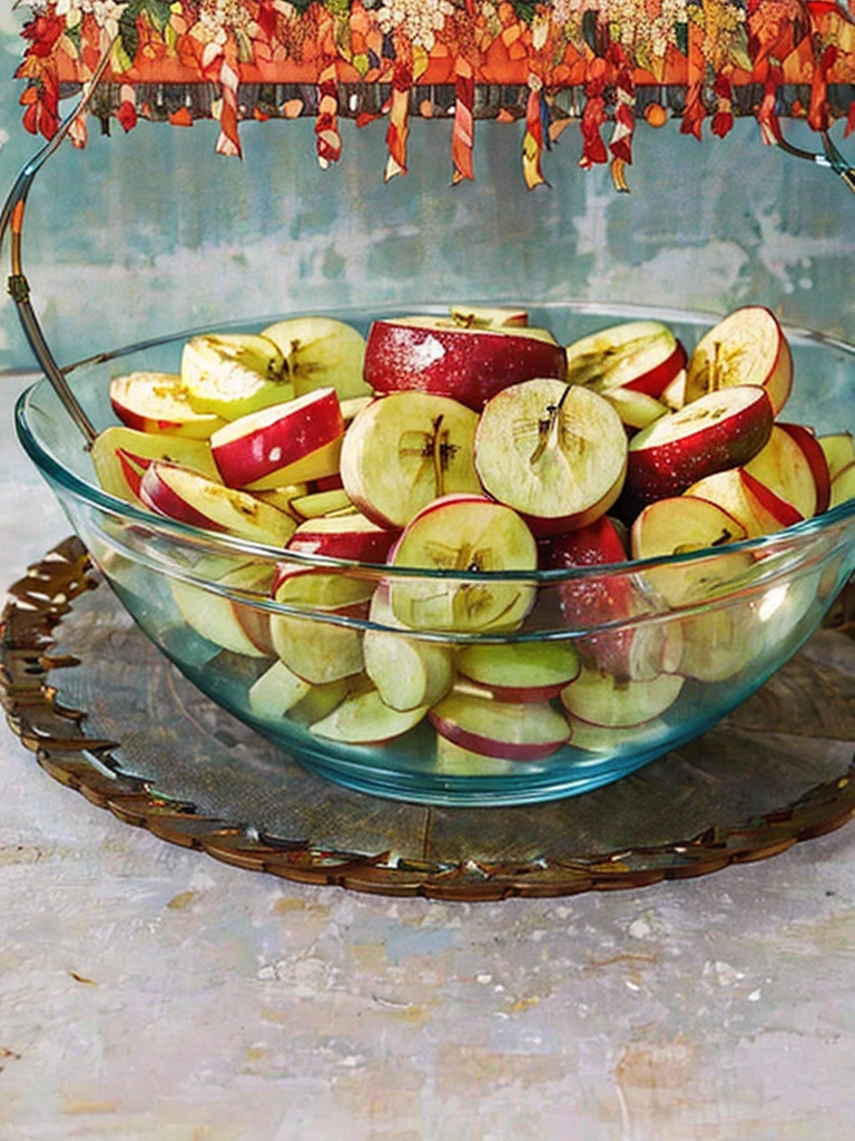 A modern glass bowl containing a vibrant mix of high-quality, including visible pieces of apples and bananas, looking irresistibly tasty