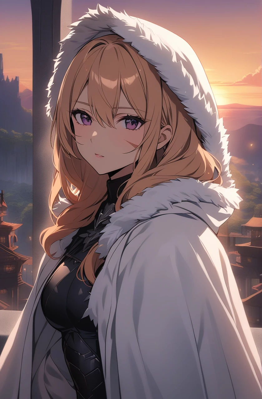 Pretty woman with long strawberry blonde hair, Dark magenta eyes, and lean muscles, small scar on her right cheek, wearing long white cloak that's open with fur on the hood, and black clothes underneath, assassin like clothing, sunset in the background, fantasy setting, adult woman